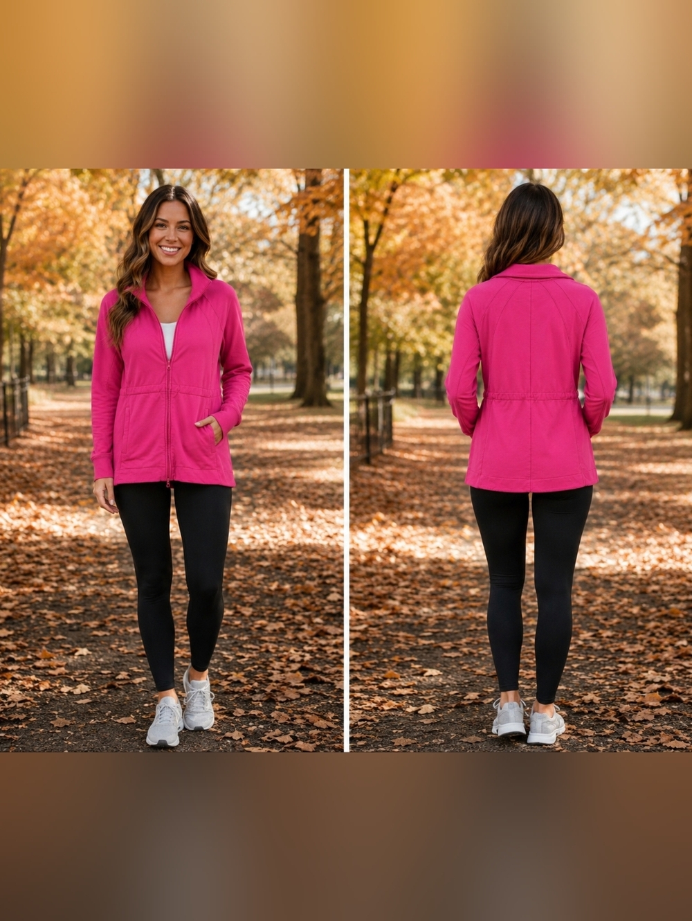 Talbots Bright Pink Stretch Zip Jacket W/Drawstring Waist & Front Pockets Size M